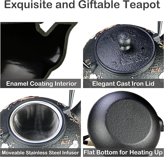 Cast Iron Teapot SECHUDO Teapot for Stovetop Safe Coated with Enameled Interior,Japanese Beautiful Tea Kettle with Stainless Steel Infuser for Loose Tea (30.4oz Plum Blossoms and Bird Pattern) - Bloomnest
