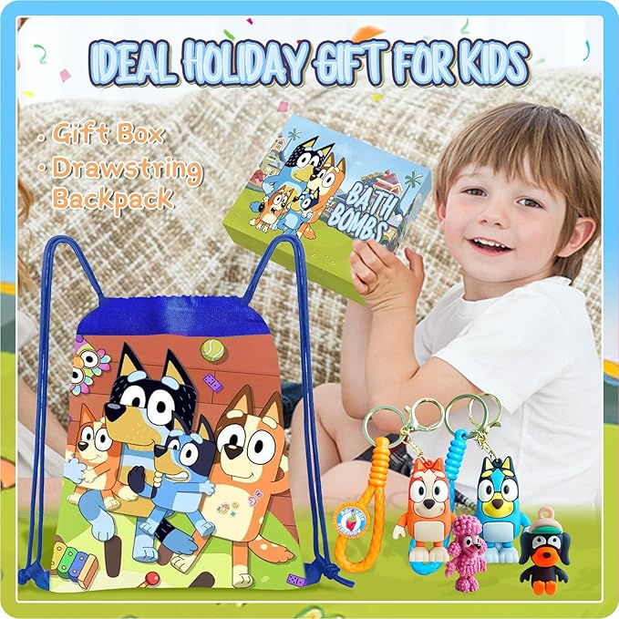 The Blue Heelers Gifts Set: Bath Bombs with Toys Inside, Shower Steamers, Mask Craft, Keychain, Drawstring Backpack, Towel, Blanket, Sticker, Poster, Gift Card, Birthday Gifts for Kids Boys Girls - Bloomnest
