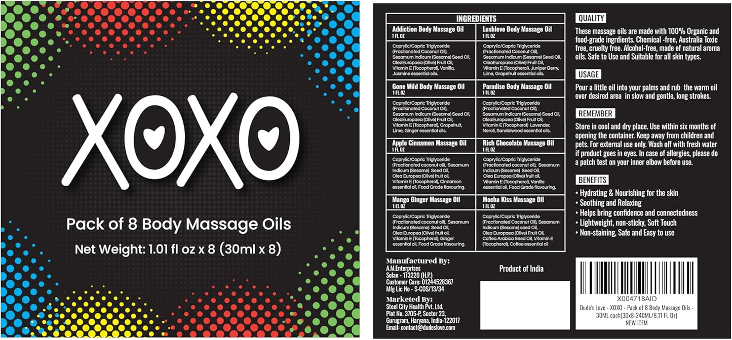 XOXO - 8 Piece Flavoured Body Massage Oils Set - Natural Pleasant Aroma for Men & Women - Quality Assurance, Nourishing & Moisturizing - 240ML/8.11 FL Oz - by Dude’s Love