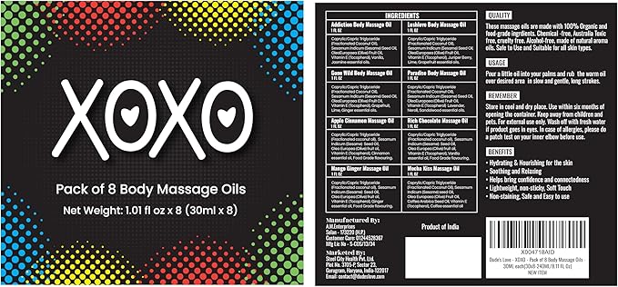 XOXO - 8 Piece Flavoured Body Massage Oils Set - Natural Pleasant Aroma for Men & Women - Quality Assurance, Nourishing & Moisturizing - 240ML/8.11 FL Oz - by Dude’s Love - Bloomnest