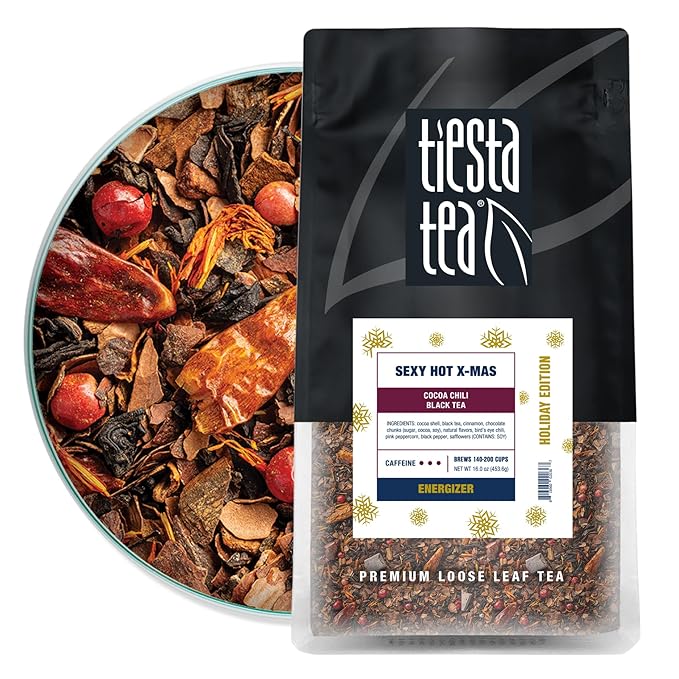Tiesta Tea - Sexy Hot Christmas, Loose Leaf, Cocoa Chili Black Tea, Premium Blend, High Caffeinated Spicy Black, Make Hot or Iced Tea & Brews Up to 200 Cups, 16oz Resealable Bulk Pouch - Bloomnest
