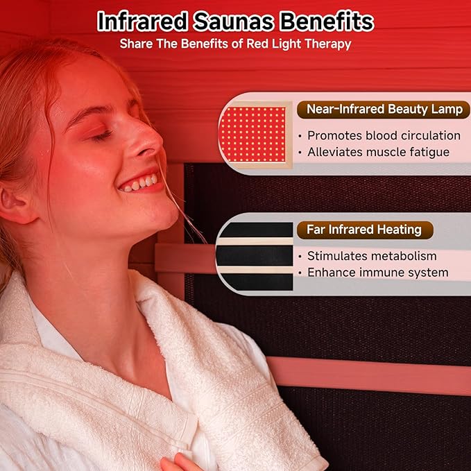 springspa Infrared Sauna for Home, 1 Person Home Sauna with Red Light Therapy, Canadian Hemlock Wooden Dry Saunas Room with Bluetooth Speakers, 1178 W/120V, 15 Minutes Pre-Warm up springspa