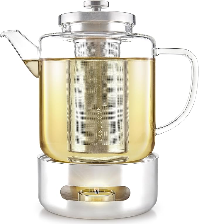 Teabloom Joyful Warmth Teapot with Tea Warmer – 50 oz (6+ Cups) Hand-Blown Borosilicate Glass, Stainless Steel Loose-Leaf Infuser, Heat-Resistant Kettle, Elegant Gift Set for Tea Lovers - Bloomnest