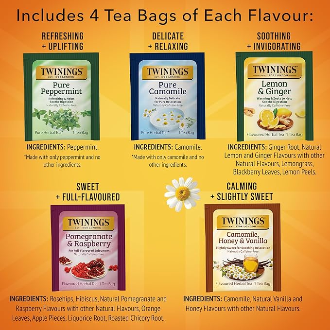 Twinings Herbal Tea Variety Pack, 20 Count (Pack of 6), Formerly Assorted Herbal, Includes 5 Flavours, Naturally Caffeine-Free, Enjoy Hot or Iced, 120 Teabags - Bloomnest