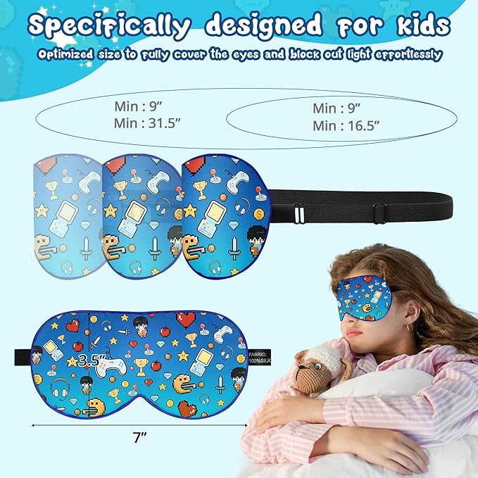 Kids Sleep Mask Eye Cover: 100% Real Natural Pure Silk Eye Mask with Adjustable Strap, Funny Blindfold Kids Eye Mask for Sleeping, Soft & Lightweight Eye Shade for Boys Girls Teens (Games Style) - Bloomnest