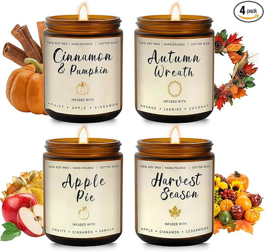 Fall Candles Gift Set – 4 Pack Scented Soy Candles for Home, Autumn Decor, Fall Decorations, Pumpkin Spice, Apple Pie, Cinnamon, Harvest – Great for Halloween & Thanksgiving Gifts - Bloomnest