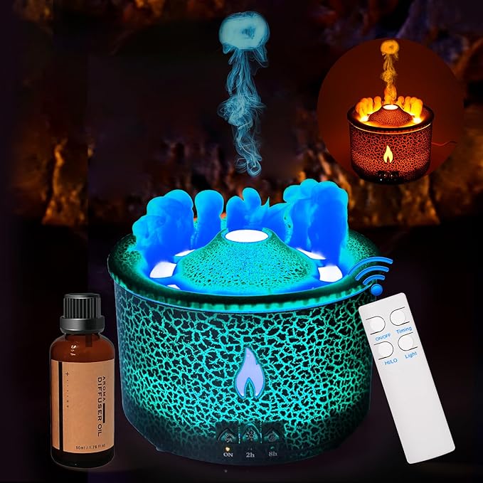 BOHOFAM Aroma Essential Oil Diffuser 360 ML,Volcano and Flame Diffuser/Humidifier,give1.76 oz Hotel Collection Essential Oils,Blue/red Light Selection,Diffusers for Home,Large Room(Black Cracks) - Bloomnest