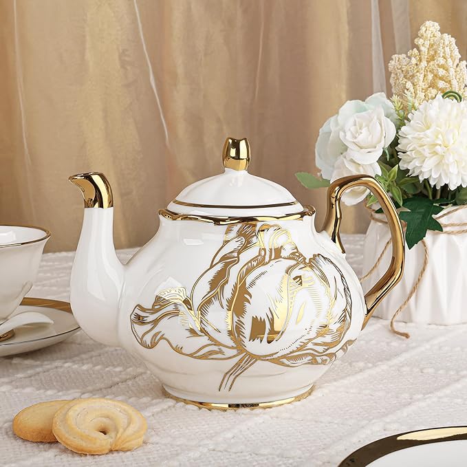 fanquare 21 Pieces British Porcelain Tea Set, Gold Tulip Tea Service for Afternoon Tea Party, 6 Teacup and Saucers for Coffee Home Wedding Birthday - Bloomnest