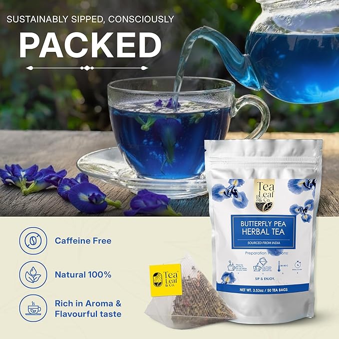 Tealeaf & Co. Butterfly Pea Herbal Tea Bags Blended with Fresh Herbs - Herbal Tea with Butterfly Pea Flower - Contains Low Caffeine - Gluten Free - 50Teabags (3.52oz/100gm) - Bloomnest