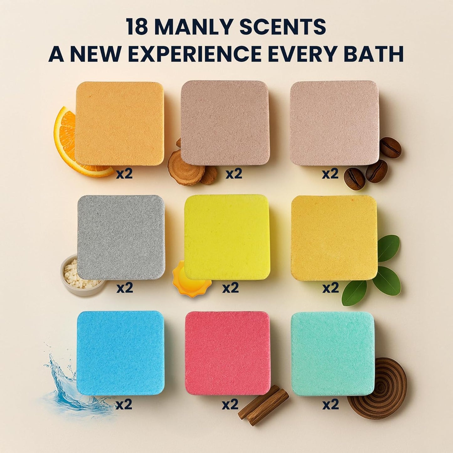 Bath Bombs for Men - Gift Set of 18 Square Shaped Handmade Natural Bath Bombs of 2.5 oz w/Essential Oils, Unique Manly Scents, for Boyfriend, Husband, Father - 18 Pack Square