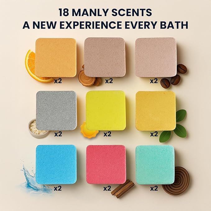 Bath Bombs for Men - Gift Set of 18 Square Shaped Handmade Natural Bath Bombs of 2.5 oz w/Essential Oils, Unique Manly Scents, for Boyfriend, Husband, Father - 18 Pack Square - Bloomnest