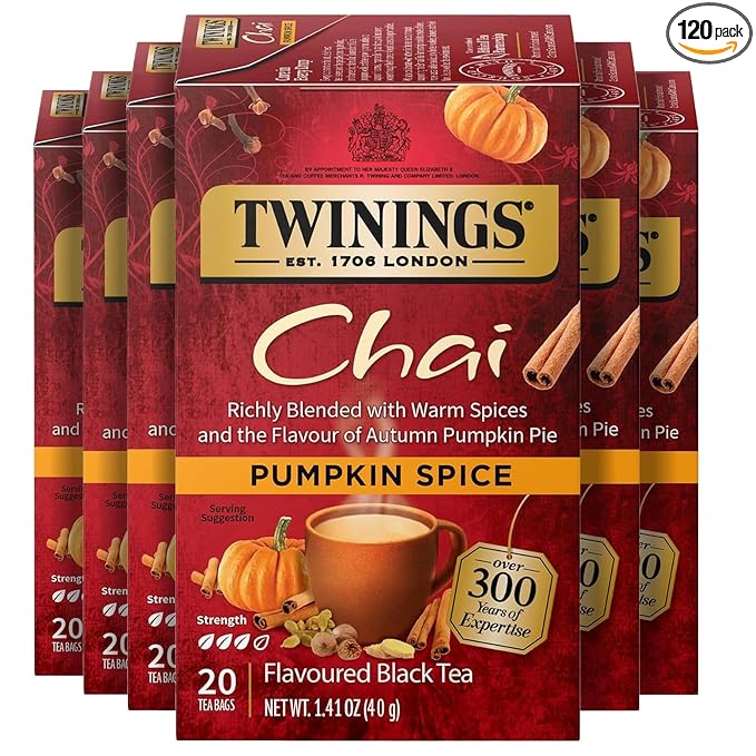 Twinings Pumpkin Spice Chai Black Tea Individually Wrapped Bags, 20 Count (Pack of 6), Warm, Spicy & Aromatic, Caffeinated, Enjoy Hot or Iced, 120 Teabags - Bloomnest