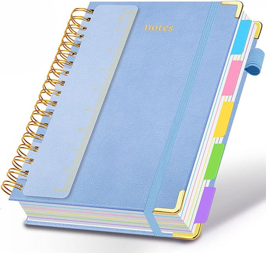 Hardcover Spiral Notebook 8"x10" Journal Notebook with Tabs and Removable Dividers 300 Pages 5 Subject Notebook College Ruled, Faux Leather Spiral Bound Notebook for Women School Work (Lake Blue) - Bloomnest