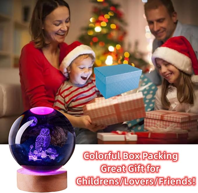 3D Large Owl Crystal Ball Night Light with Wooden Base, Owls Crystal Lamp Gift for Kids Wife Friends, 16 Color Changing with Remote Control, Laser Engraved 3.15 inch Glass Ball Lamp (Owl) - Bloomnest
