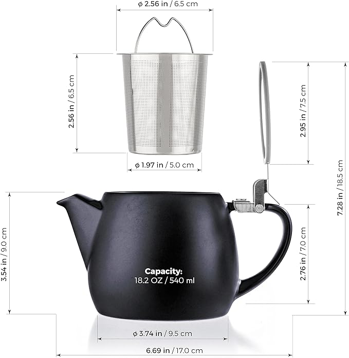 Tealyra - Pluto Porcelain Small Teapot Black - 18.2-ounce (1-2 cups) - Matte Finish - Stainless Steel Lid and Extra-Fine Infuser To Brew Loose Leaf Tea - 540ml - Bloomnest