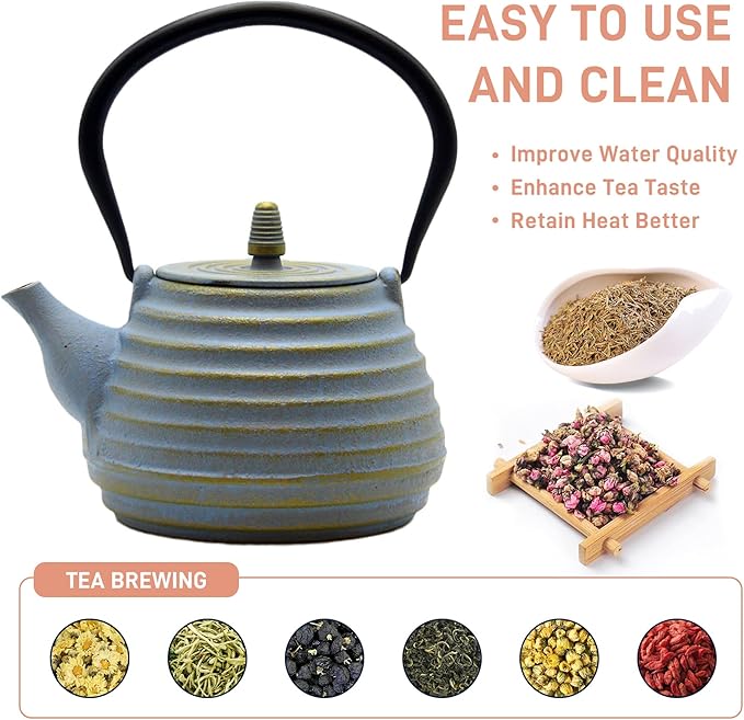Japanese Teapot with Stainless Steel Infuser for tea, Cast Iron Tea Kettle for Stovetop Safe, Cast Iron Teapot Coated with Enameled Interior(33.8oz/1000ml)