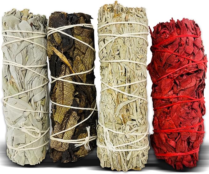 Sage Starter Kit for Cleansing Negative Energy. Variety Pack of 4 which Includes White, Black, Blue and Red Sage (Dragon Blood) - Bloomnest