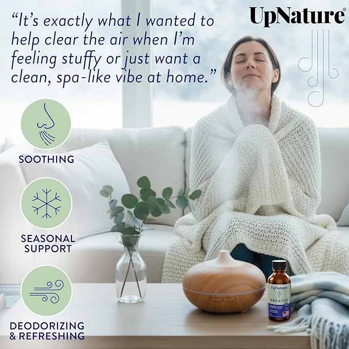 UpNature Breathe Essential Oils Blend (Large 2oz) Essential Oils for Diffusers for Home Humidifier Vaporizer Liquid, Eucalyptus and Menthol Blend, Aromatherapy Oils - Bloomnest