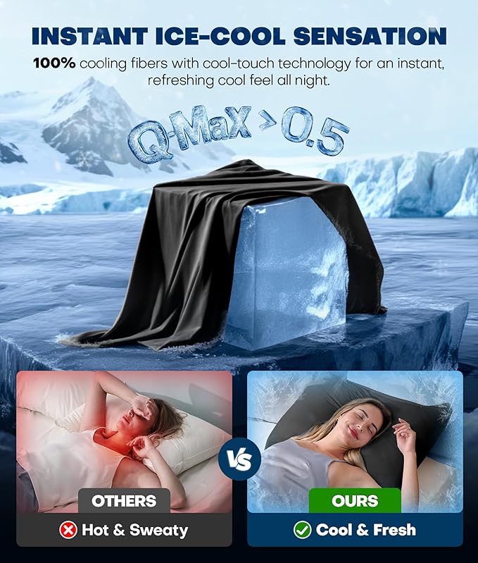 Ultra-Chill Cooling Pillowcase Set of 2 for Hot Sleepers, Softer Than Silk Pillow Cases for Protecting Hair & Skin, Breathable Bed Pillow Covers w/Zipper, Gifts for Women Men (Black, Queen) - Bloomnest