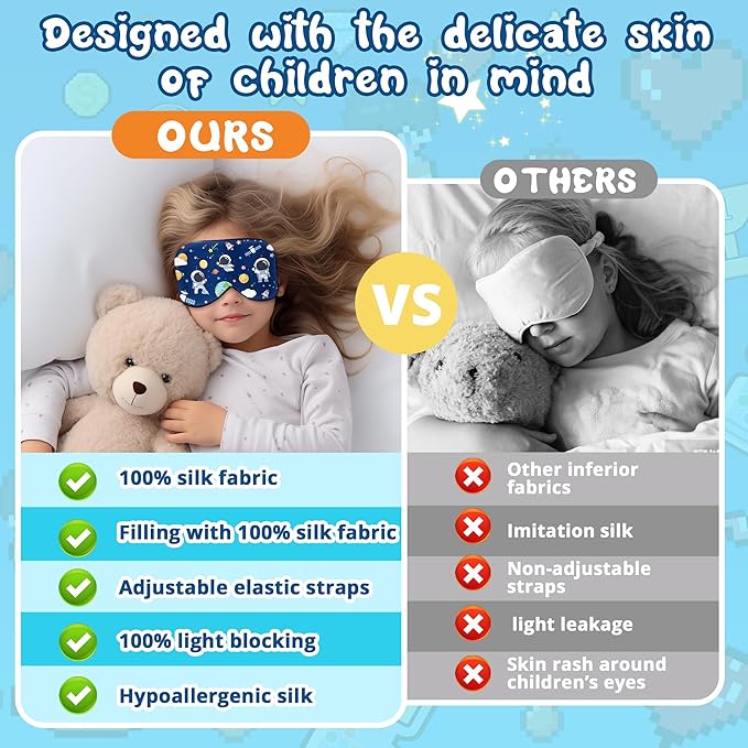 Kids Sleep Mask Eye Cover: 100% Real Natural Pure Silk Eye Mask with Adjustable Strap, Funny Blindfold Kids Eye Mask for Sleeping, Soft & Lightweight Eye Shade for Boys Girls Teens (Space Style) - Bloomnest