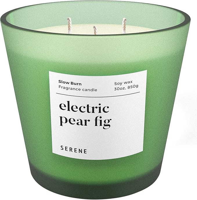 Hidden Label Large Scented Candle, Electric Pear Fig, 30oz 3 Wick Huge Candle, Serene Collection Slow Burn Natural Soy Candles for Home Scented - Bloomnest