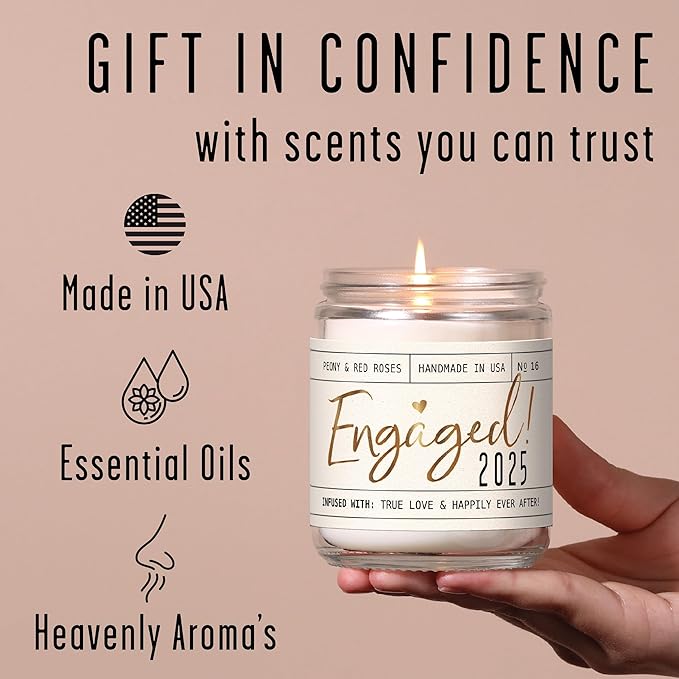 Engagement Gift, Engagement Gifts for Couples -'Engaged 2025' Candle, w/Peony & Rose Wedding Bouquet I Fiance Gifts for Women I Engaged Gift for Her I 50Hr Burn, USA Made - Bloomnest