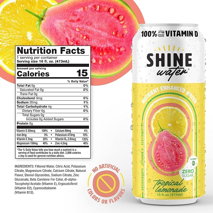 Shine Water Tropical Lemonade Vitamin D Electrolyte Drinks 12-Pack, Sugar Free Flavored Water with Magnesium, Zinc & Antioxidants, Low Calorie Hydration Beverage, Plant-Based Vitamin Water Zero Sugar - Bloomnest