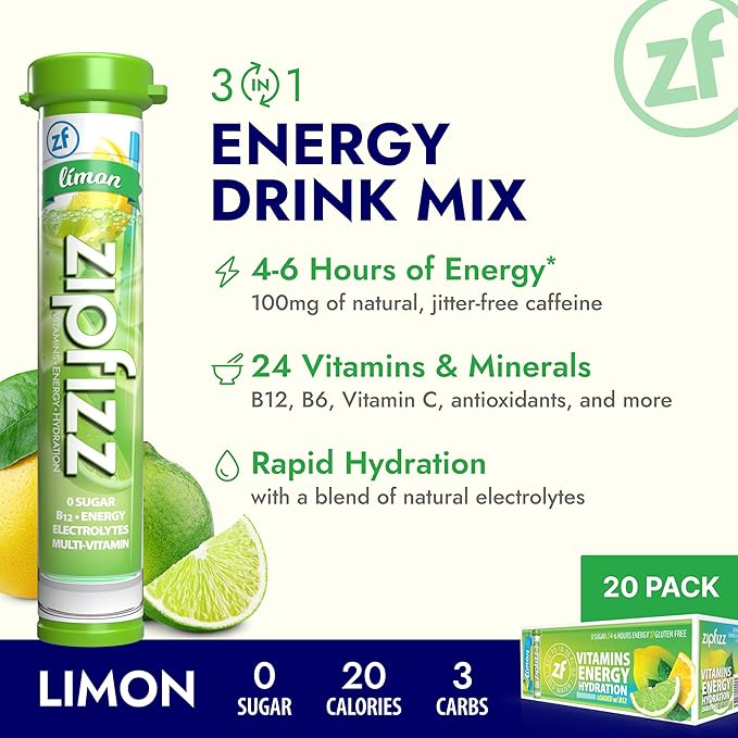 Zipfizz Daily Energy Drink Powder, Limon, 20 Pack | 3-in-1 Sustained Energy, Rapid Hydration, and Essential Vitamins | Sugar-Free | Electrolyte Powder | Contains Vitamin B-12 & Antioxidants - Bloomnest