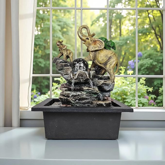 Decorative Elephant Cascade Tabletop Fountain with LED Globe, 3-Tier Design, A Quiet and Soothing Indoor Desktop Fountain - Bloomnest
