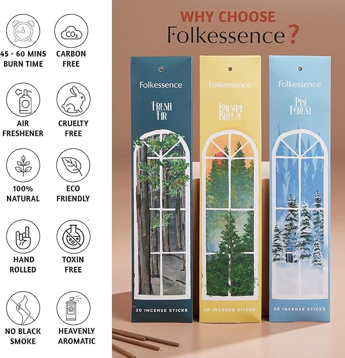 Folkulture Incense Sticks with Holder for Gift | Set of 3 Insenses (60 Insence-Sticks) | Organic Balsam Breeze, Fresh Fir | Pine Forest Non Toxic Incents, Incents or Inscents-Sticks (Forest) - Bloomnest