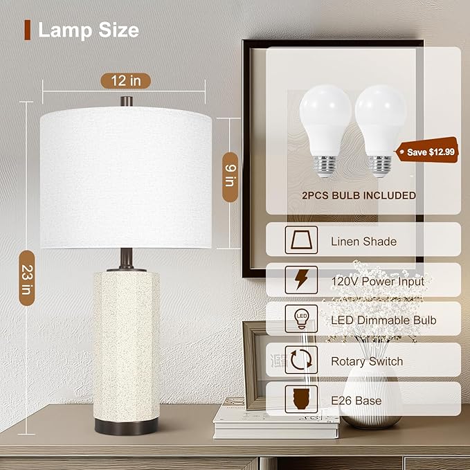 Scenekoy 23” Table Lamp Set of 2 for Bedroom Living Room, Rotary Switch Ceramic Bedside Lamp with White Linen Shade, Dimmable Nightstand Lamps for Room Office Hotel Dorm (Bulb Included) - Bloomnest