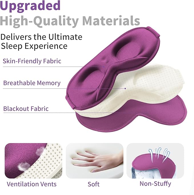 3D Sleep Mask for Men Women 2 Pack, Blackout Eye Mask for Sleeping Eye Mask for Side Sleeper, Memory Foam Adjustable&Washable, Airplane Travel Essentials Couples Yoga Meditation Office Black & Purple - Bloomnest