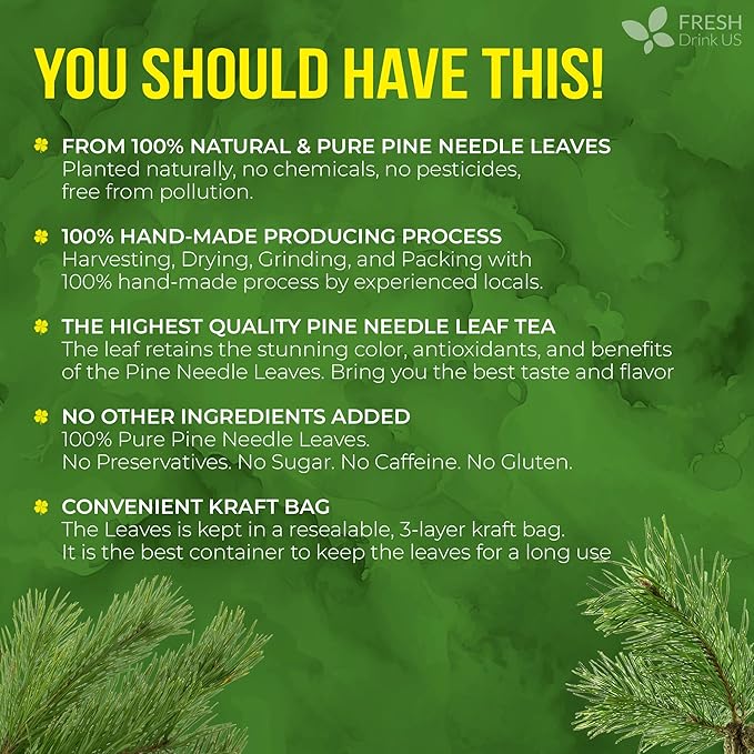 FreshDrinkUS, Premium 8oz Pine Needle Leaves Herbal Tea – Dried Loose Leaf Pine Needles – Naturally Fresh & Aromatic Caffeine-Free Herbal Tea. Sugar-Free. Vegan - Bloomnest