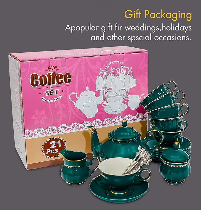 CHENP.HMC Tea Set 22-Piece Porcelain Ceramic Coffee Tea Sets Cups Saucer Service for 6 Teapot Sugar Bowl Creamer Pitcher and Teaspoons Porcelain Tea Set(Dark Green) - Bloomnest