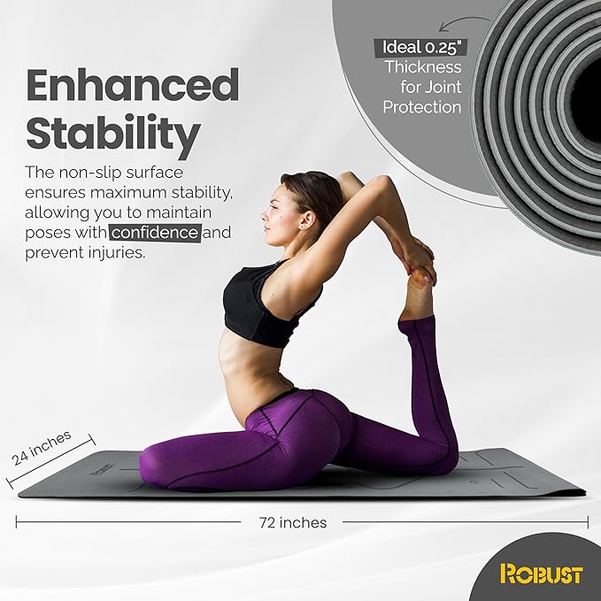 Robust Non-Slip Yoga Mat with Strap, 1/4" Thick TPE Eco-Friendly Workout Mat for Yoga with Position Lines and Texture Surface, Gym Mat for Women, Men, Pilates and Exercises Anti-Tear Sweat-Proof Exercise Mat - Bloomnest