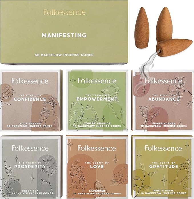 Folkulture Backflow Incense Cones (60 Cones) | Set of 6 Waterfall Insence Cones for Manifesting, Aromatherapy, Gifts | No Charcoal, Organic, Non Toxic Frankincense, Coffee Scented Inscents-Cones FOLKULTURE