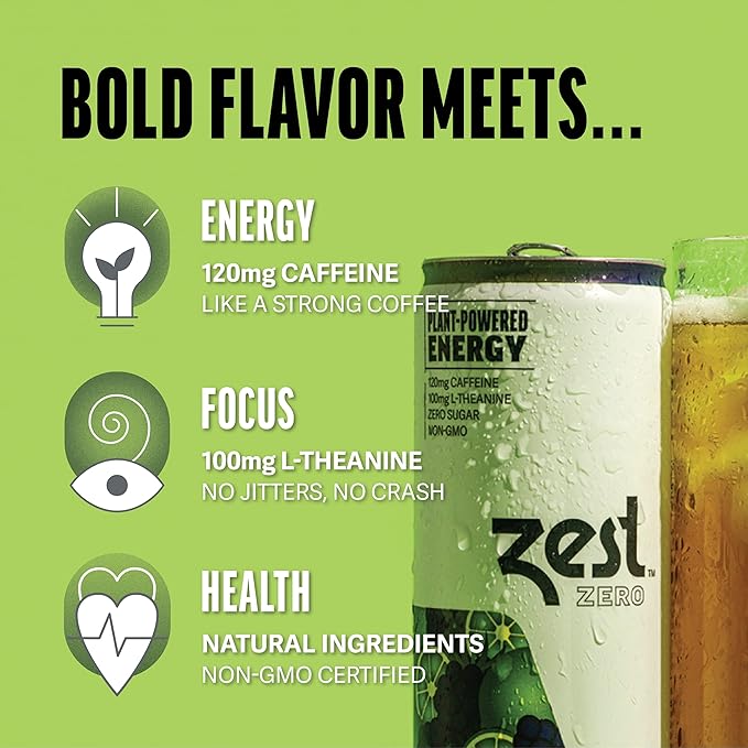 Zest Clean Energy Drink – Blackberry Lime – Zero Sugar, 0 Calories – 120mg Caffeine + 100mg L-Theanine for Focus, Energy & Concentration – Healthy Zero Sugar Energy Drink – 12oz Can, 12 Pack - Bloomnest