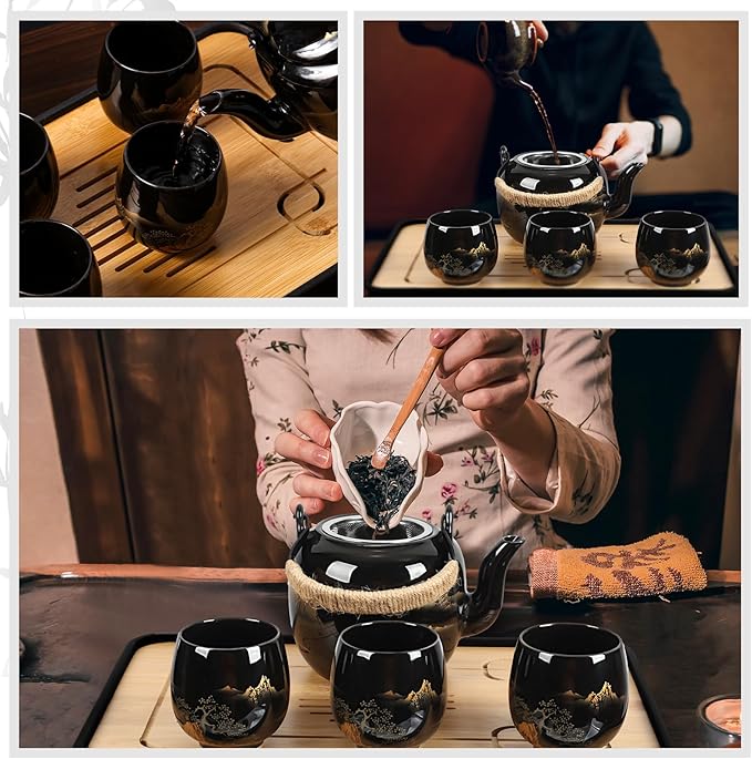Hushee Japanese Tea Set in Gift Box Asian Porcelain Tea Set with 1 Teapot, 6 Cups, 1 Tray, 1 Stainless Infuser, Black Ceramic Chinese Teapot Christmas Winter Gift for Adult Lover - Bloomnest