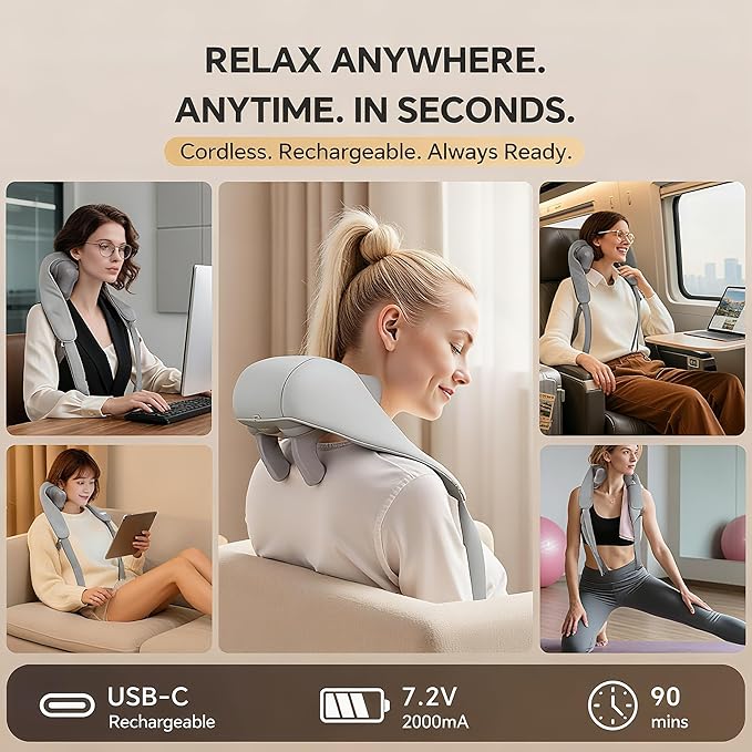 Cordless Shiatsu Neck and Shoulder Massager with Heat – 6D Kneading Massage, Deep Tissue Pain Relief for Trapezius, Rechargeable, for Mom, Wife, Her – Gifts for Birthday, Christmas