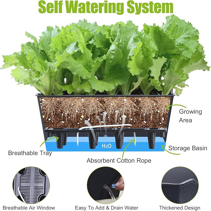 Window Box Planter 6 Pcs, 16.5 Inches Self Watering Rectangle Flower Plant Pots with Drainage Holes Trays, Vegetable Planters for Windowsill Patio Garden Balcony Porch Yard (Black) - Bloomnest