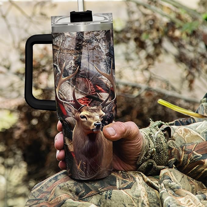 SANDJEST Hunting Tumbler with Handle for Men, Hunter Gifts for Men Dad Grandpa Husband Boyfriend, 40oz Stainless Steel Insulated Tumblers Hunters Gift for Birthday Christmas Fathers Day - Bloomnest