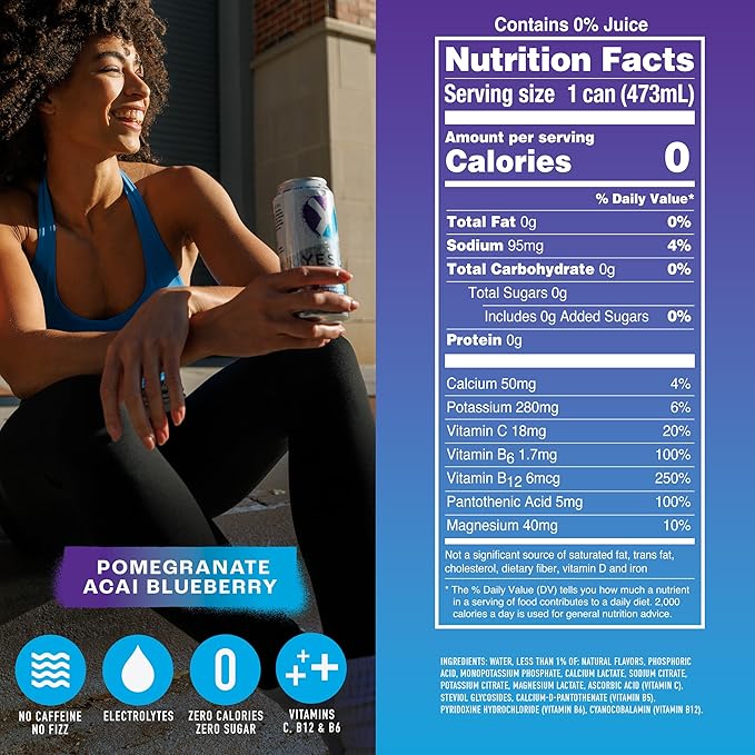 Yesly Functional Water, Pomegranate Acai Blueberry, Naturally Flavored Still Water with Electrolytes, Magnesium, Potassium, Vitamin C, B6 & B12, Zero Sugar, No Artificial Sweeteners, 16 Fl Oz Cans, 12 Pack