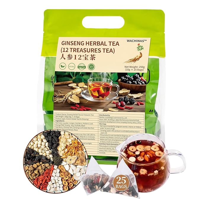 Premium Ginseng Tea - Natural Organic Kidney and Liver Detox Tea - 12 Herbal Blend with Goji Berry，Jujube, Longan, Mulberry & Maca - Caffeine & Sugar Free - 25 Individually Wrapped Pyramid Large Tea Bags (250g) - Bloomnest