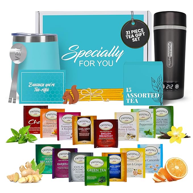 Gift Set with Kettle – 31-Piece Sampler for Tea Lovers with Insulated Mug, Gourmet Blends & Accessories (Twning Tea) - Bloomnest