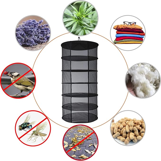 Desy & Feeci Herb Drying Rack Hanging, 6 Layer Collapsible Mesh Dry Net Herb Dryer with S Hang Buckle and Storage Bag, Black (Diameter 60 cm) - Bloomnest