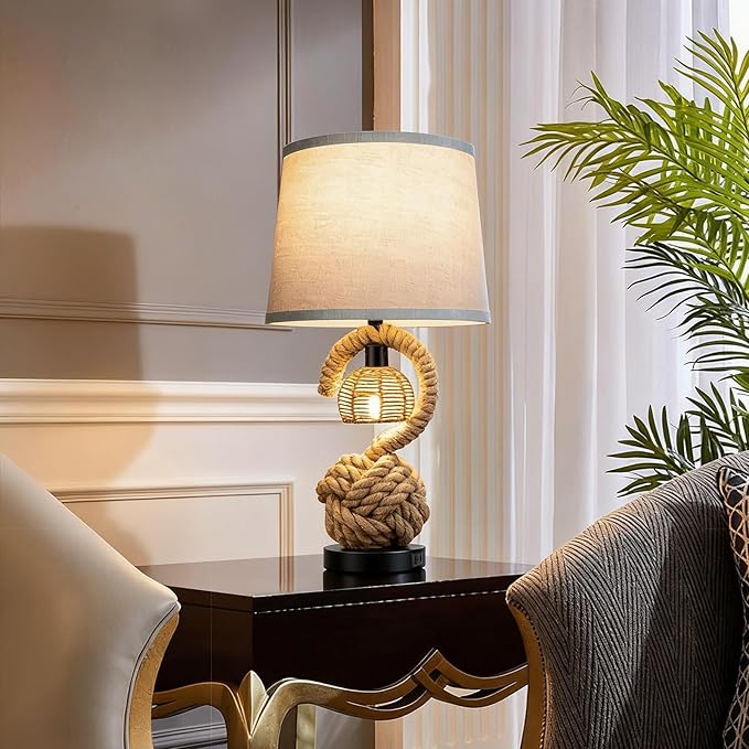 22" Rope Lamps for Night Stands, Dual-Lights Bedside Lamps Set of 2, Boho Table Lamps for Living Room, 3-Color Temperatures Boho Lamp with Rotary Switch, Rattan Lamp with USB Ports, 4 Bulbs Included - Bloomnest