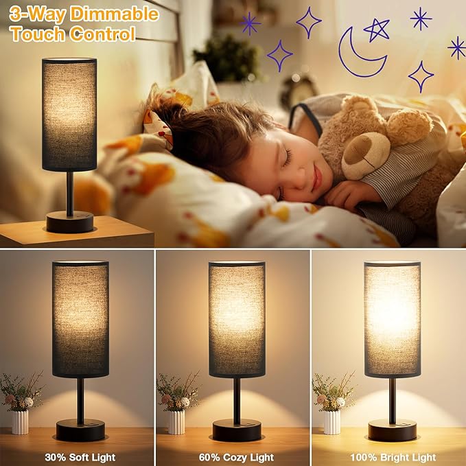 Dicoool Black Touch Bedroom Lamp with USB - 3 Way Dimmable Table Lamp for Bedroom, Nightstand Lamp with Black Charging Station for Desk Dorm, Office, Boy Kids Room, Small - Bloomnest