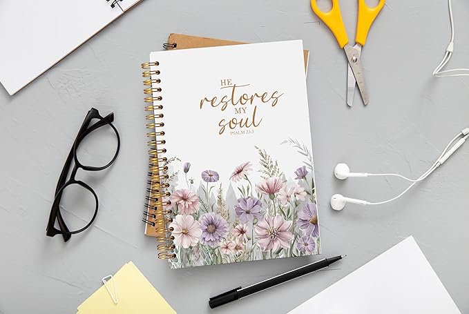 Christian Notebook for Women, Christian Art Gifts Journal, Prayer Journal for Women, Bible Journaling Notebook, PSALM 23:3 He Restores My Soul Floral Spiral Notebook 5.5x8.3 - Bloomnest