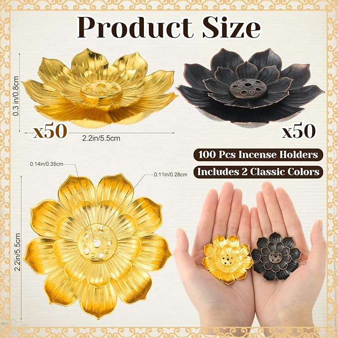 LemonRoad Diwali Gifts Bulk, Indian Return Gifts for Pooja, 100pcs Lotus Incense Holder with Incense Stick Tray, Indian Wedding Festival Yoga Spa Home Fragrance Decor (Gold and Black) - Bloomnest