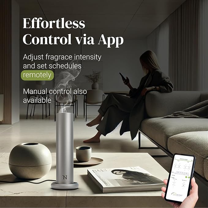 Dynamo Hotel Scent Diffuser – Cold-Air Essential Oil Diffuser for Home & Large Rooms up to 1000 sq ft, App & Manual Control, Hypoallergenic, Includes White Tea Fragrance Sample – Titanium - Bloomnest
